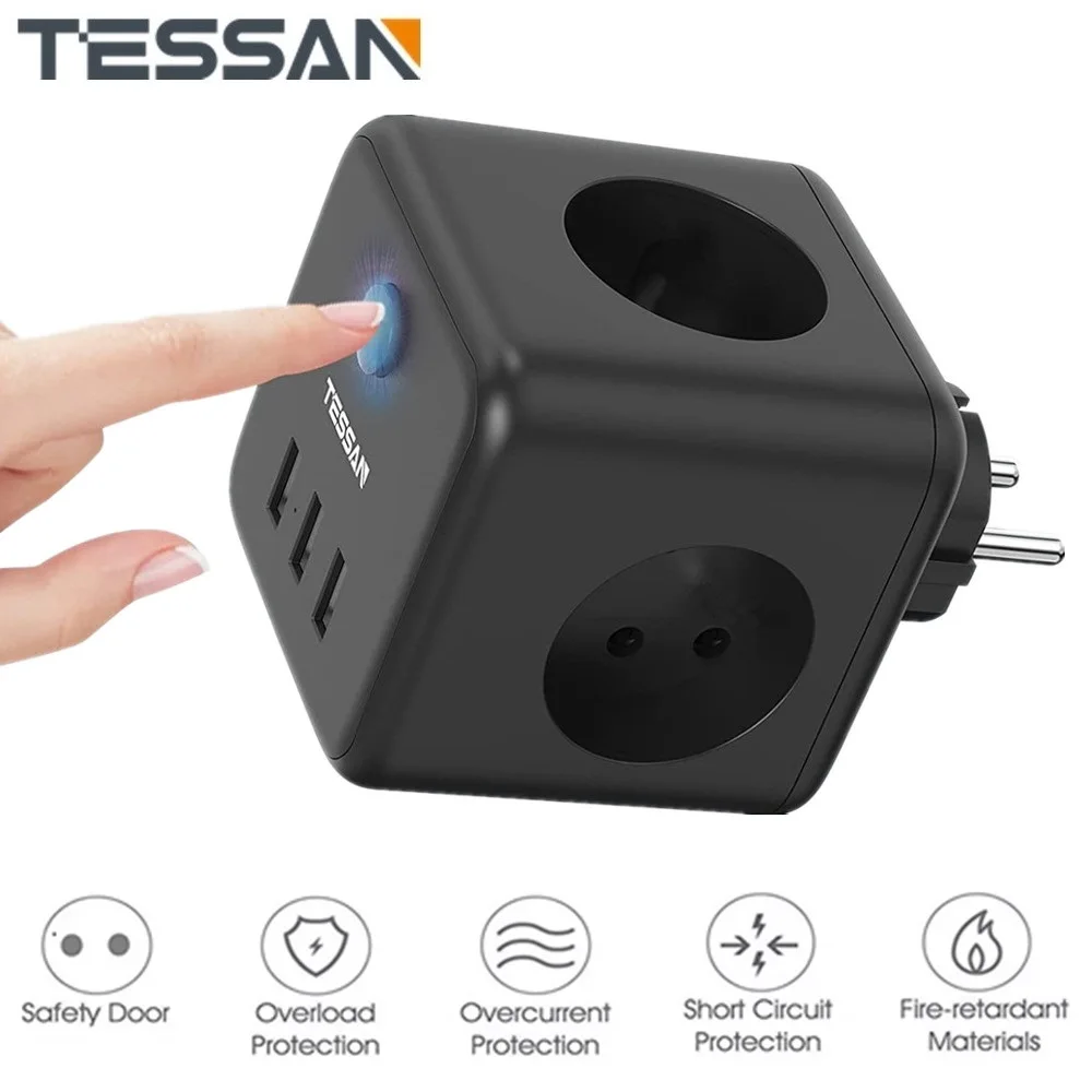 Multiprise Murale TESSAN Cube 3 Prises avec 3 USB Secteur