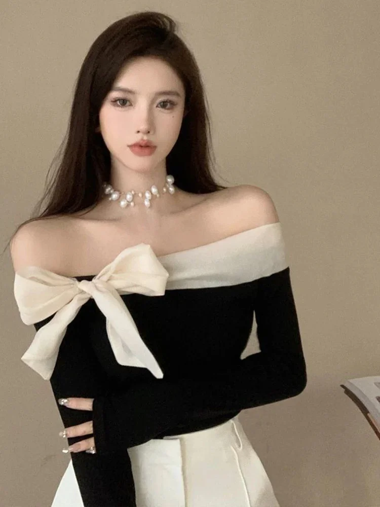 

French Style Sweater Women Bow Slash Neck Patchwork Off Shoulder Knitted Tops Sexy Slim Stretch Pullovers Ladies Elegant Jumpers