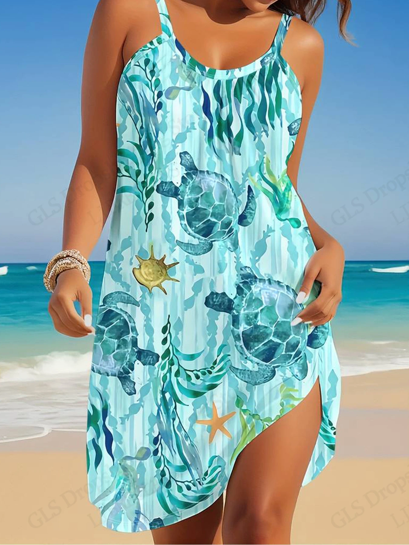 Elegant Sleeveless Mini Dress - Summer Beach Bohemian Sea Turtle Print