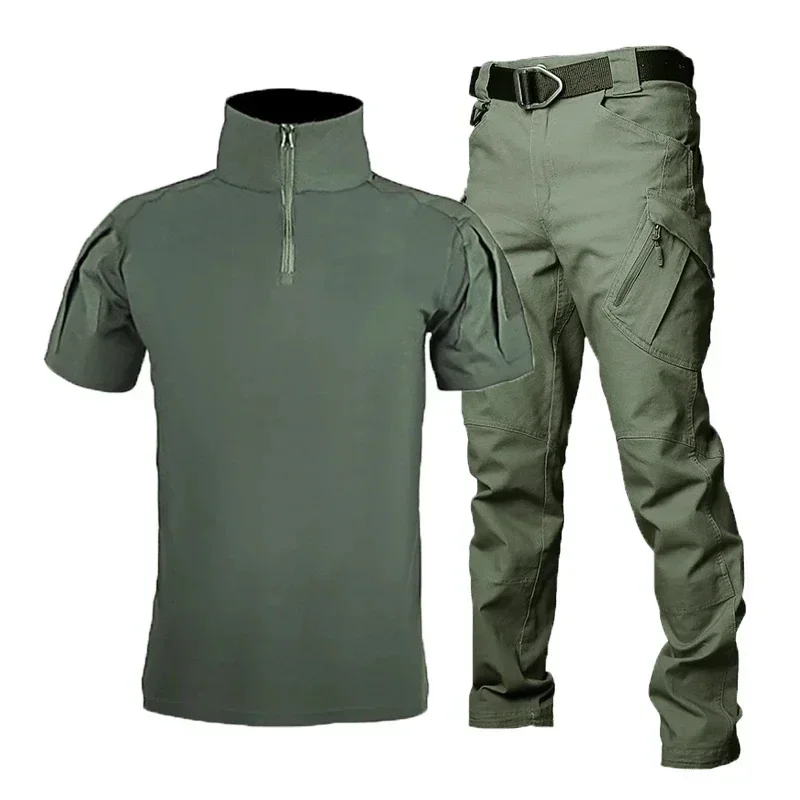 Camiseta e camisa curta camuflagem masculina, uniforme tático de carga, terno preto multicam respirável, conjunto de caça, verão