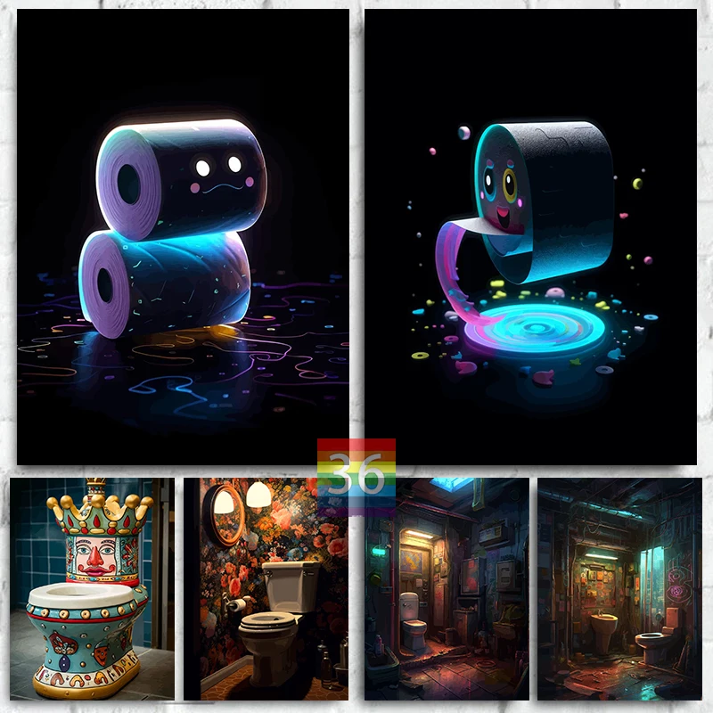 Toilet Artwork Poster Canvas Printing Neon Toilet Bagno Wall Art Picture Vintage Bagno Decorazione Della Parete Home Bagno Decor