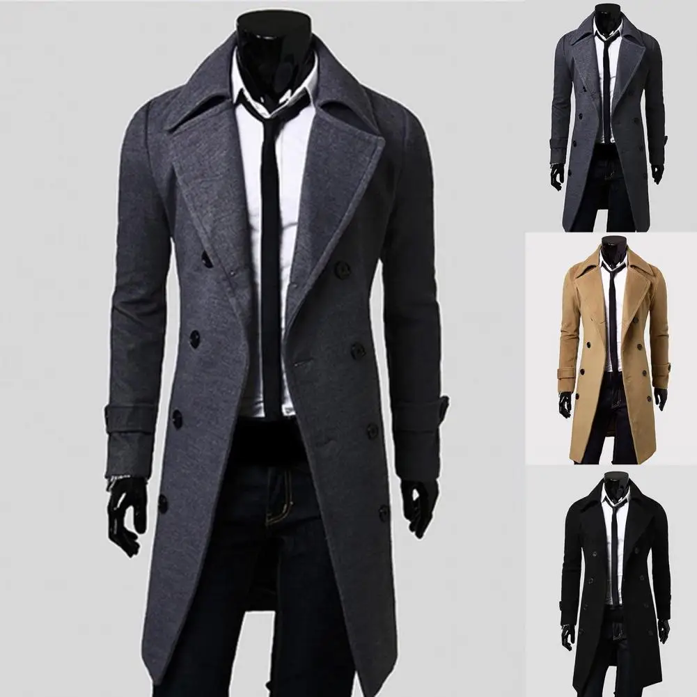 Simple Trench Coat Double-breasted Male Men Coat Coldproof Pure Color Jacket - Image 4