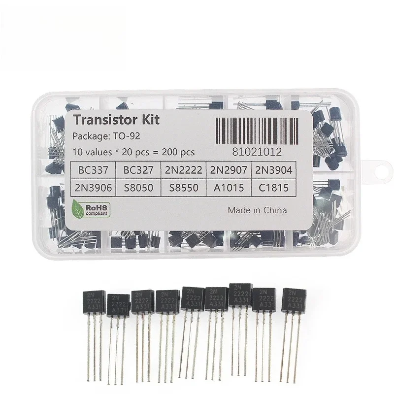 50/100/200PCS TO-92 Transistor Assorted Kit 2N2222 2N2907 2N3906 2N5401 2N5551 A1015 BC327 BC337 BC548 BC549 C1815 S8050 PNP NPN