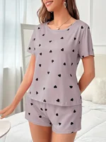 2-Piece Women's Love Print Knit Fashionable Soft Short Sleeve and Shorts Sleepwear Set for Comfortable Home Wear 4