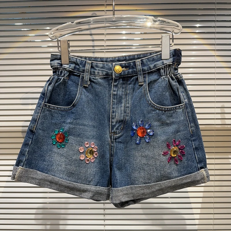 

Women Colorful Diamond Wash Denim Shorts Streetwear Hot Girls A-lineShort Jeans 2023 Summer New Tide Clothes