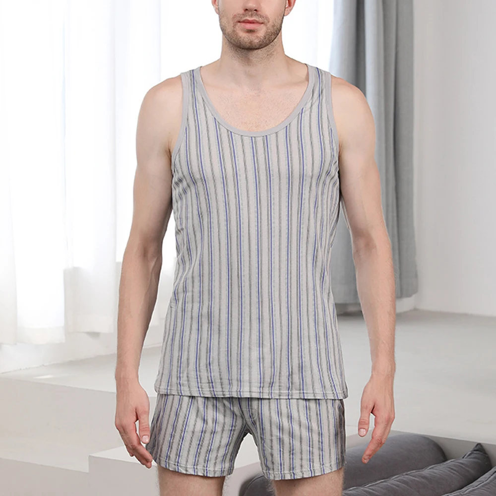 Men Cotton Pajamas Set Sleeveless Vest Shorts Sleepwear Loungewear Nightwear Mens Streetwear Leisure Summer Two Piece Tops Short