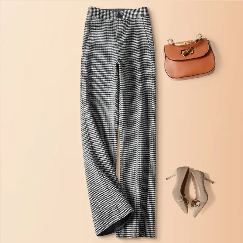 

2024 Autumn Winter Women Fashion High Waist Straight Pant Female Houndstooth Wide-leg Pants Ladies Leisure Suit Trousers T717