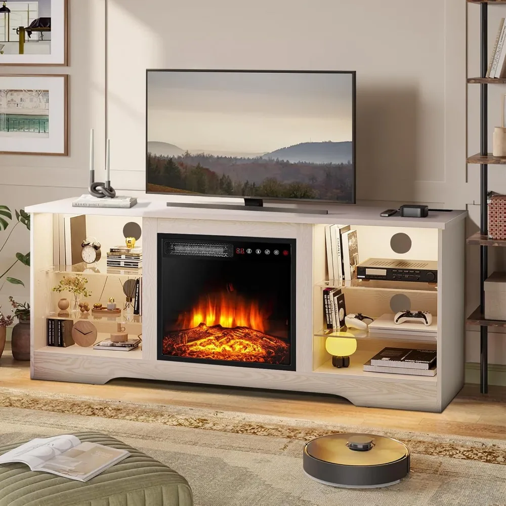58 Inches Fireplace TV Stand for TVs up to 65 Inches - Modern Wooden Console with 18'' Electric Fireplace & Remote Control 2