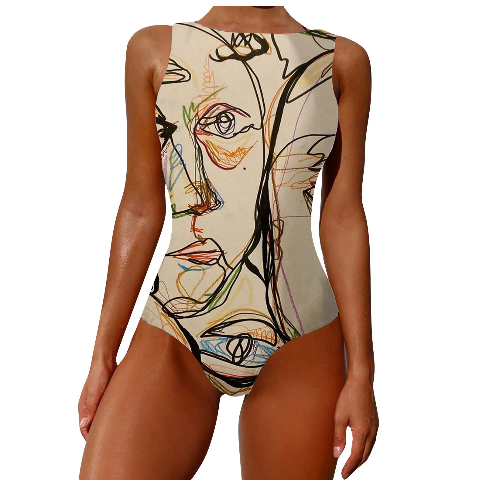 

New Swimsuit Women One Piece Swimsuit Graffiti Abstract Print Bathing Suit Backless Swimwear Bodysuit Brazilian Monokini
