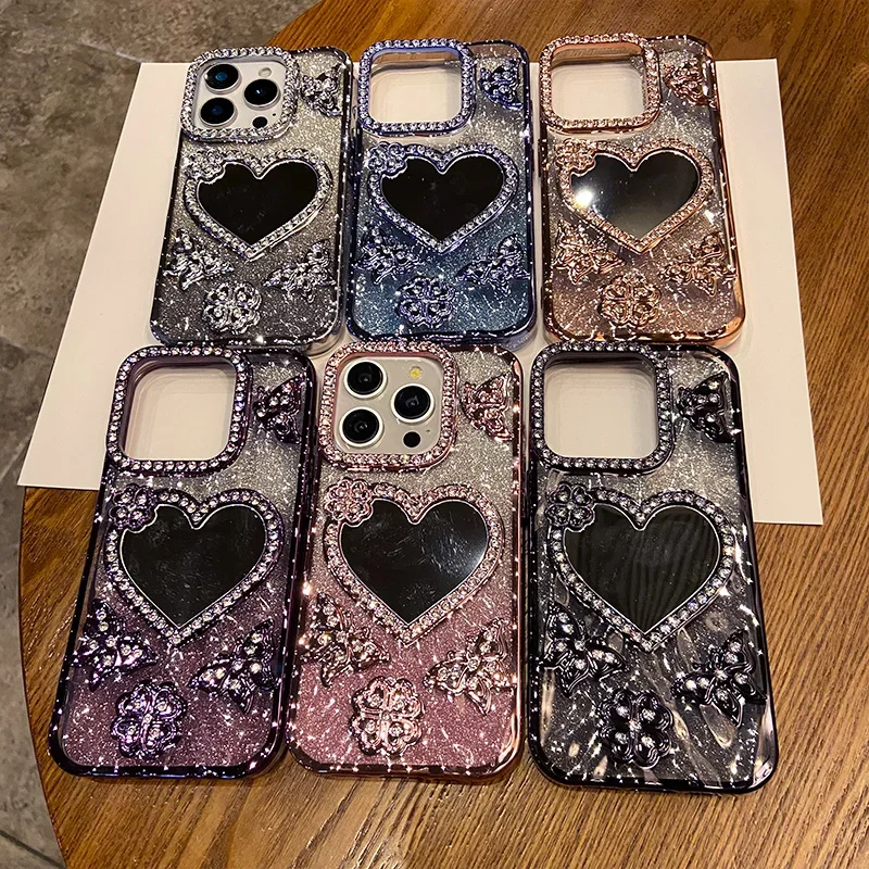 Luxury Electroplate Butterfly Glitter Diamond Case for IPhone 17 16 15 14 13 12 Pro Max Transparent Heart Make Up Mirror Cover view 6