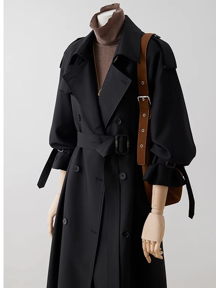 Lautaro Spring Autumn Oversized Khaki Long Trench Coat for Women Double Breasted Loose Casual Black Korean Fashion Overcoat 2025 5