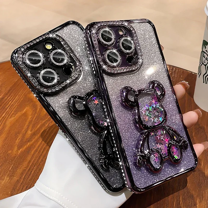 Glitter Quicksand Bear Diamond Case for iPhone 15 14 13 16 17 Pro Max 17 Air Plus 11 12 Gradient Rhinestone Plating Soft Cover