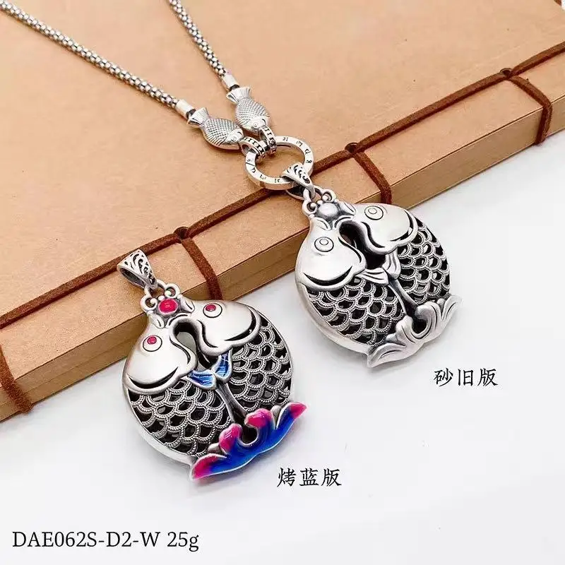 

Fu's Necklace, Sweater Chain, Pendant, Low Temperature Roasted Blue, Double Sided Koi, Small Design Pendant