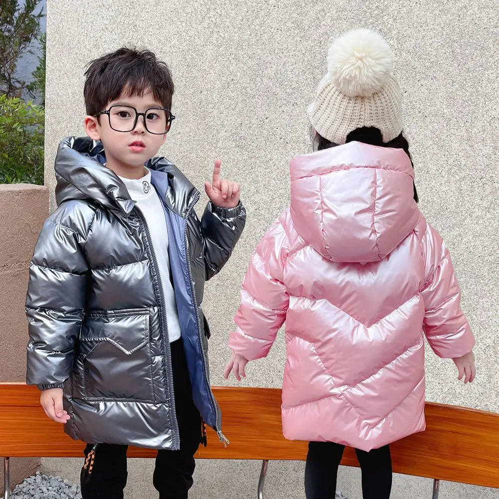 

2023 Warm Keep Hooded Parkas Girls Fashion Glossy Solid Color Windproof Winter Coat Children Casual Boys Overcoats New T40