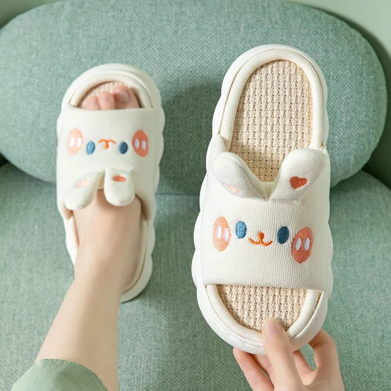 

Eco Friendly Linen Rabbit Slipper Women's Indoor Breathable Cotton Flax Slides Shoes Couple Adorable Animal Summer Slippers