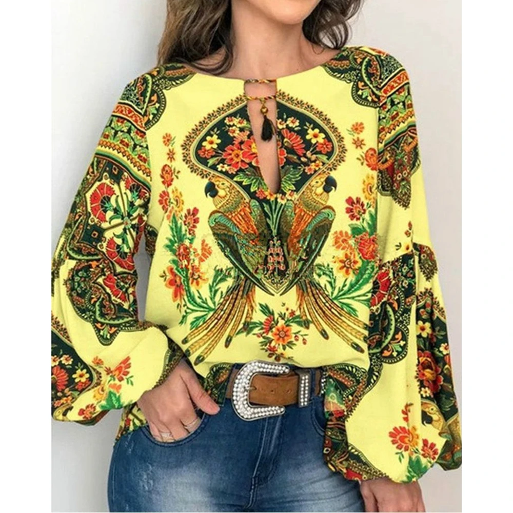 Spring Women Floral Ethnic Print Top Tassel Design V Cutout  Blouse Fashion 2024 Femme Casual Long Sleeve Shirts Streetwear