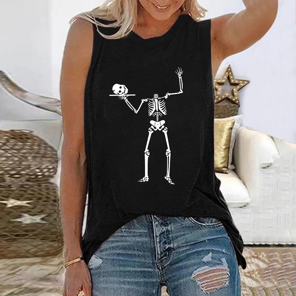 

Seeyoushy Skull Print 2023 Summer New Women's T-shirt Sleeveless Top Y2K Trend Streetwear Street Tank Top Fun Print Camisetas