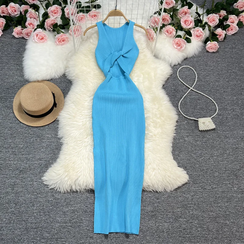 

Summer New Women's Tie Hollow Out Knitted Dress Korean V Neck Sleeveless Slim Waist Robe Female Sexy Split Fork Bodycon Vestidos