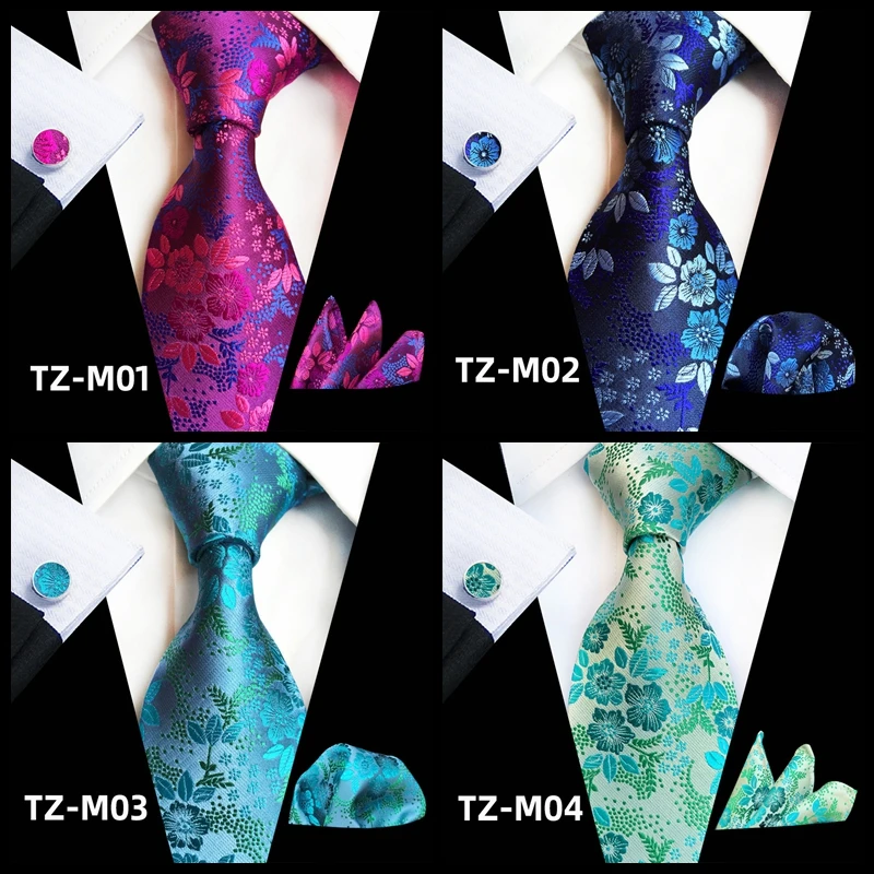 

3PC Tie Set For Men Business Silk Neck Tie Cufflinks Handkerchief Suit Set Men Necktie 8cm Floral Paisley Luxury Wedding Gravata