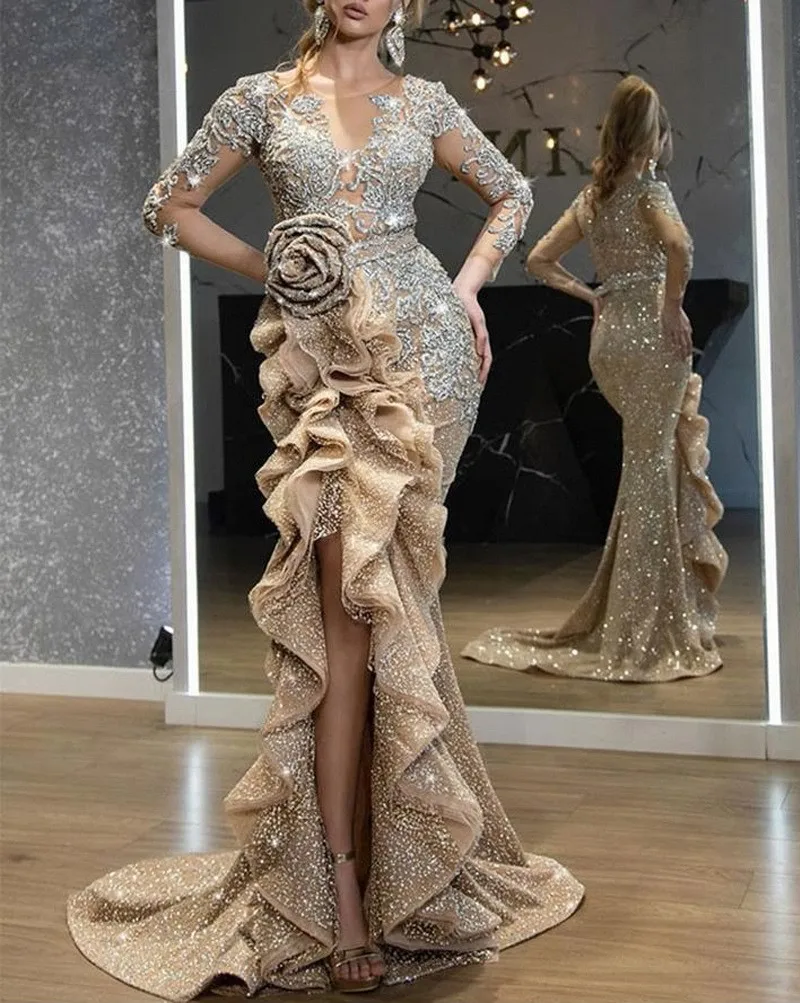 wedding dress sexy shine steam gold bare-back birthday party annual star dress evening dress 1260 main image 1