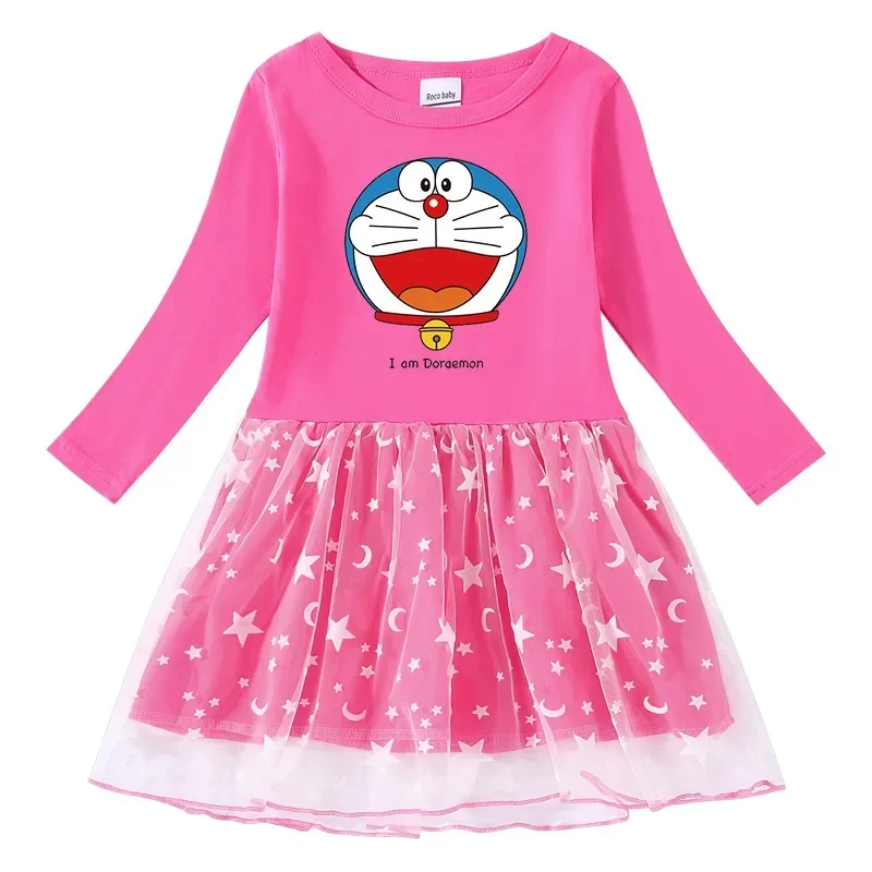 Doraemon Spring and Autumn New Cross-border Girls Dress Cotton Print Cartoon Star Moon Mesh Long Sleeve Princess Dress