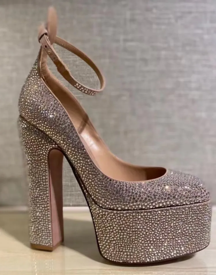 

diamond sexy block heel high heels Tan-Go Crystal-embellished suede Platform pumps women designer fashion wedding party shoes