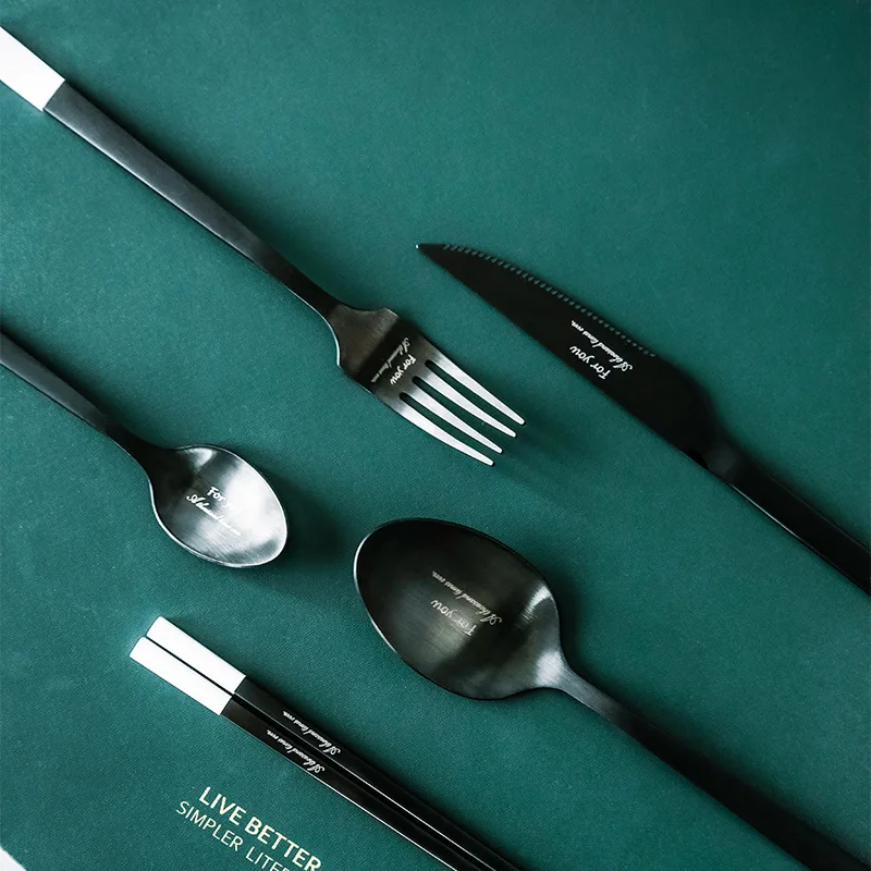 Stainless Steel Dinnerware Sets Knife and Fork Spoon Tableware Steak Chopstick Spoon Set Black Simple Western Tableware