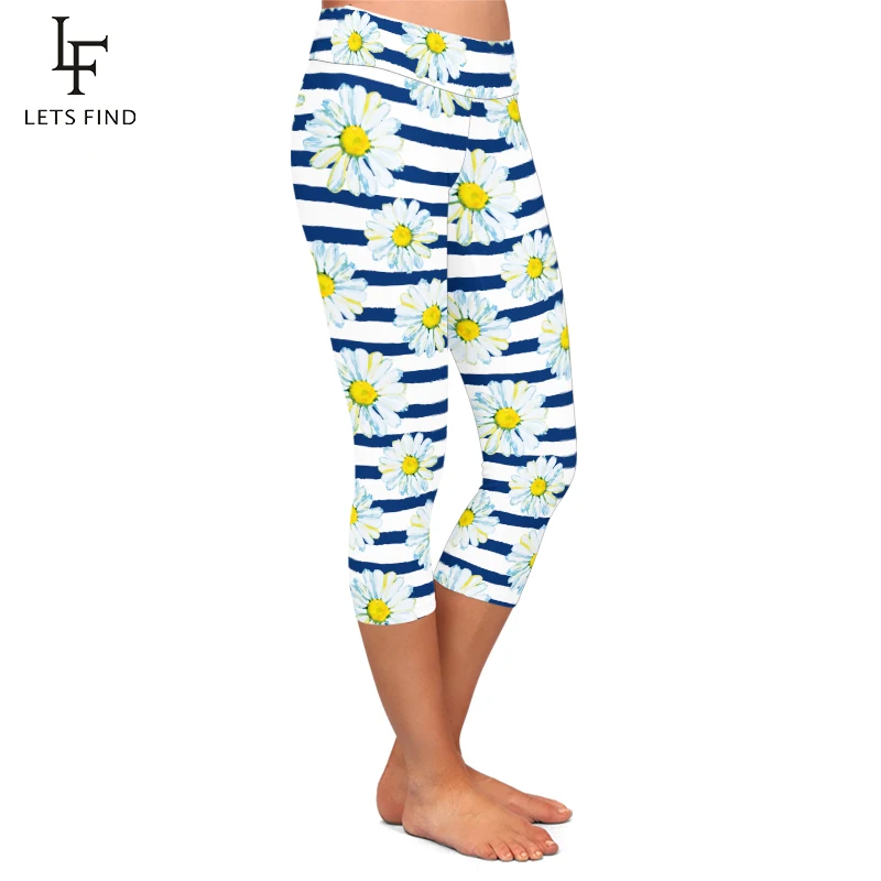 LETSFIND Summer New Daisy Design Women Capri Leggings Fashion Casual Mid 3/4 Fitness Leggins  Hot Sale