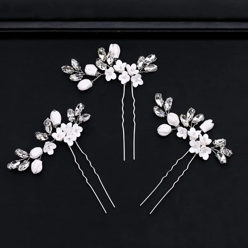Bridal Hair Accessories Hair Accessories Girls Hair Accessories Silver Rhinestone Clay Flower Headwear Wedding Bridal Hair Forks