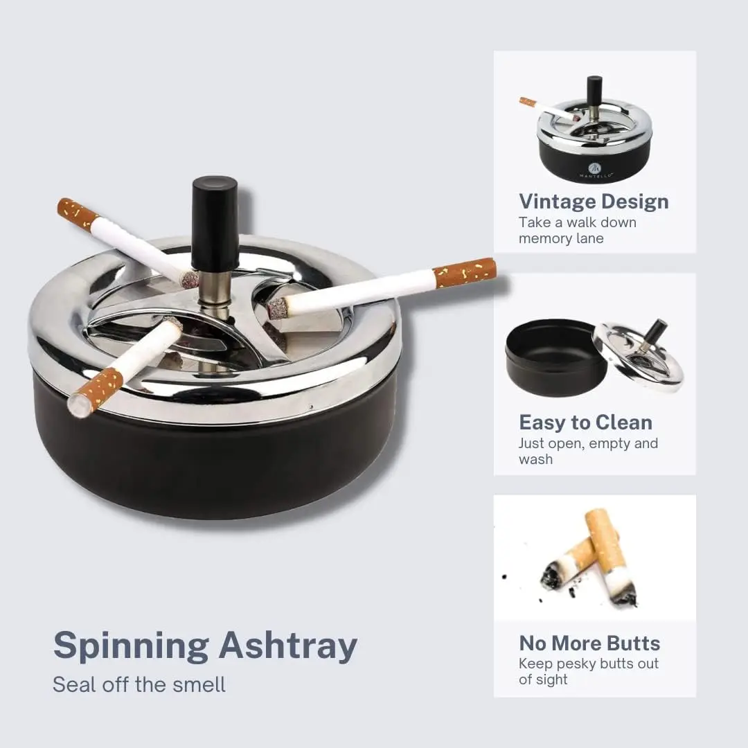 Ashtray Cool Stainless Steel Push Down Spinning Self-Cleaning With Lid Cover for Cigarette Smoking