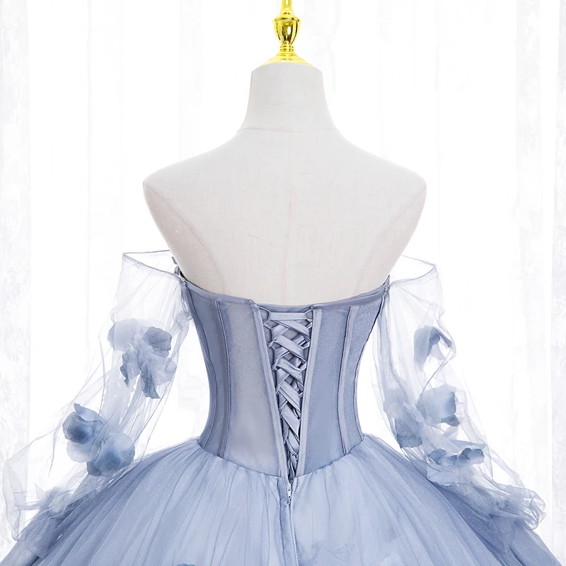 Blue Quinceanera Dress Tulle Appliques Flowers Detachable Sleeeve Strapless Ball Gown