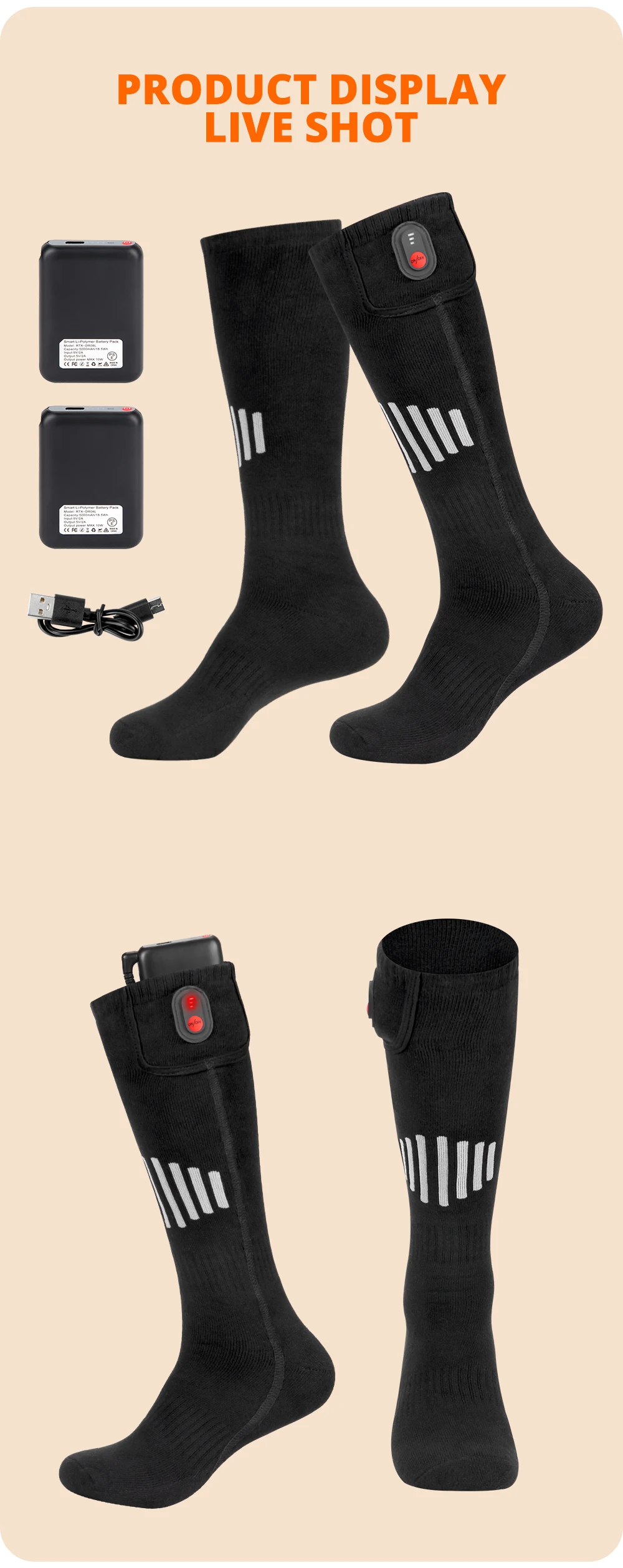 A pair of black socks with built-in heaters for foot warmth.