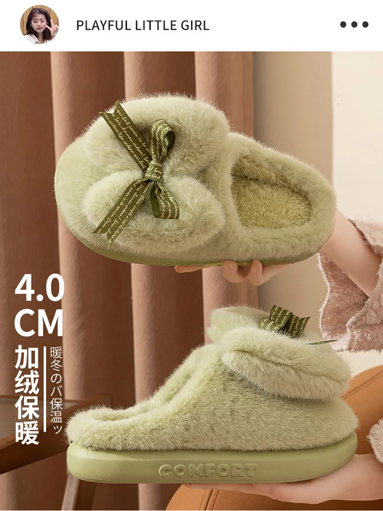 Bow Fluffy Women Slippers Faux Plush Fur Winter Eva Home Cotton Shoes House Indoor Living Room Slippers Female Slides flip flops 5