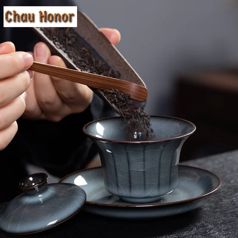 130ml Handmade Iron Tire Ice Crack Glaze Gaiwan Celadon Tea Tureen Tea Bowl With Lid Kit Tea Maker Cover Bowl Tea Services Gift