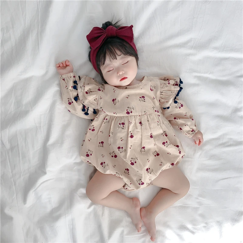 

Baby Girls for Kigs 2023 Autumn Floral Printed Tassel Long Sleeve Triangular One-pieces Romper Cute Solid Color Casual O-neck
