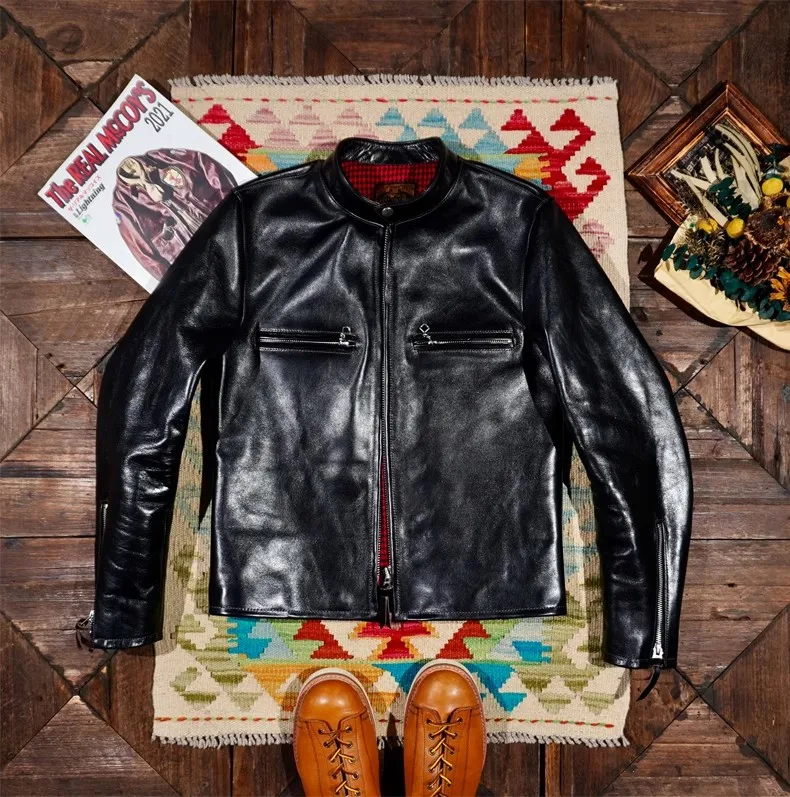 Italian Horsehide Jacket Stand Collar Short Slim Motorcycle Leather Coat Vintage men leather jacket women leather jacket