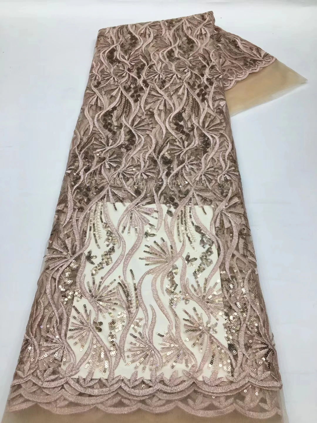 

Rose Gold French Lace Sequins Cloth Embroidery Fabric African Garment For Wedding Dress