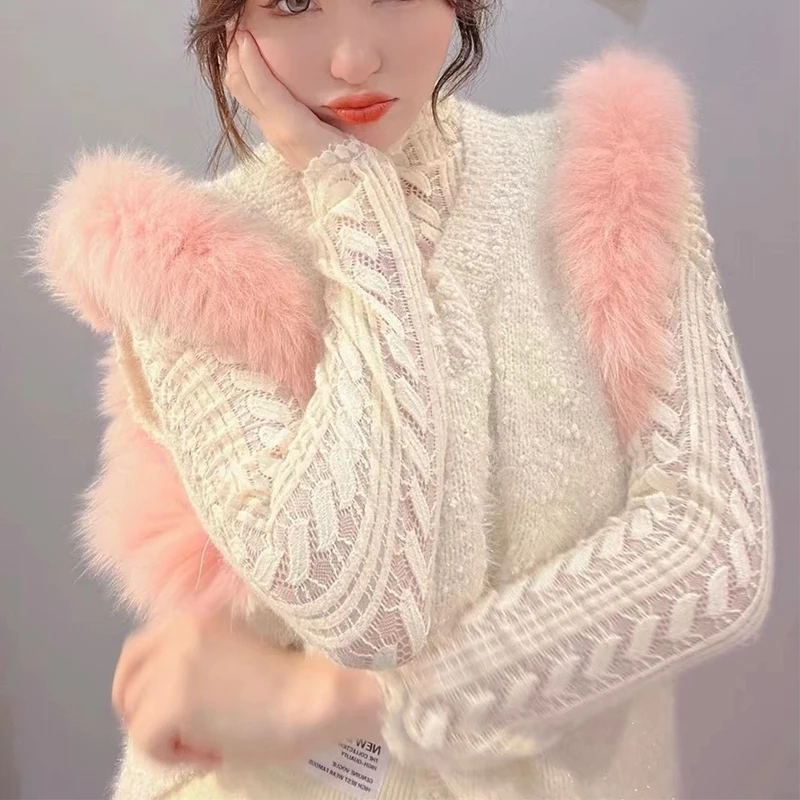 

Весенний женский модный жилет в японском стиле с украшением из лисьего меха, жилет без рукавов, вязаный Блестящий свитер, жилет