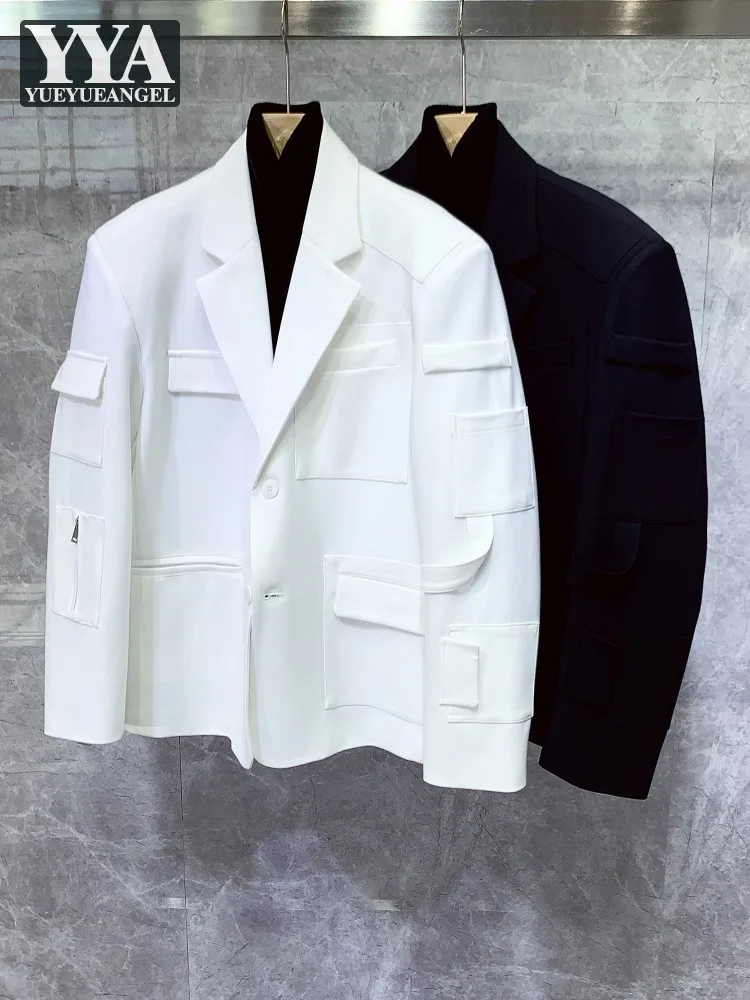 

Fashion Men Business Casual Work Jacket Multi Pocket Blazer Loose Fit White Party Suit Coat Autumn Single Breasted Office Blazer