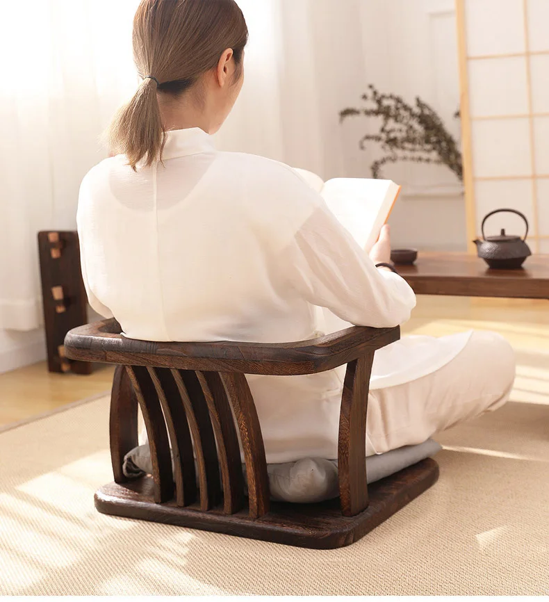Japanese Solid Wood Tatami Chair Meditation Stool with Backrest for Tea Ceremony Zen Style Armchair for Balcony or Living Room