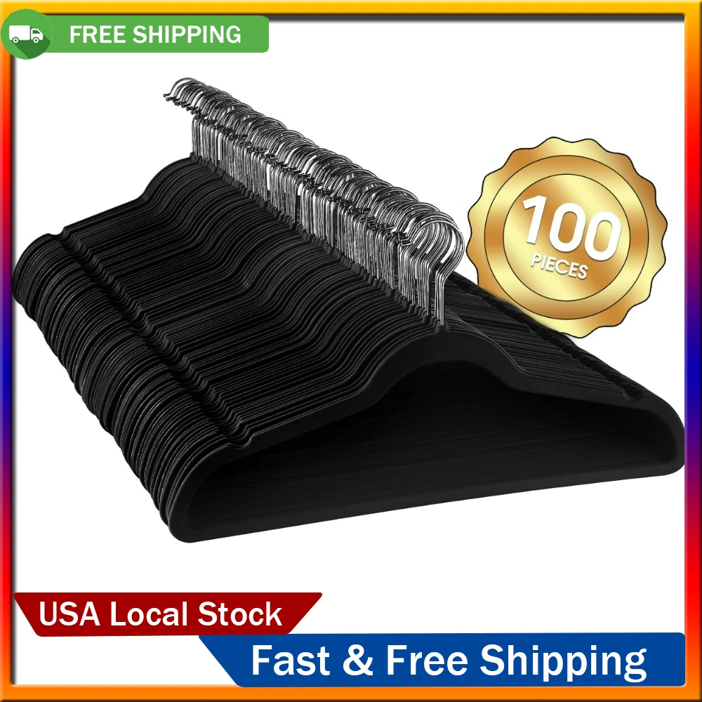 

100 Piece Set of Velvet Slim Profile Heavy Duty Felt Hangers with Stainless Steel Swivel Hooks In Black