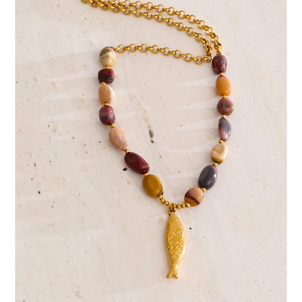 Yhpup Natural Stone Beads Chain Fish Pendant Necklace