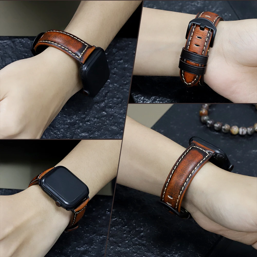 Onthelevel Vintage Watchband Orange Green Crazy Horse Genuine Leather Watch Strap Wristband Handmade Watch Accessories