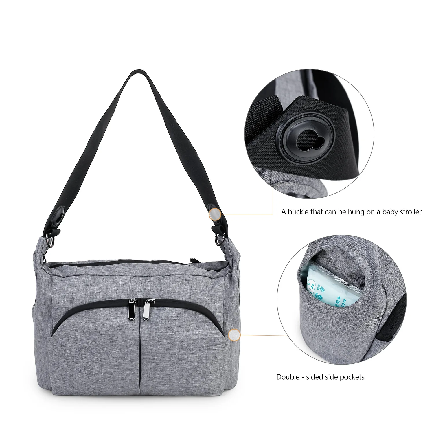 Borsa Portatile Monospalla per Mamme, Borsa Portatile per Passeggino con Coppia di Ganci, Borsa da Viaggio Multifunzionale per Mamma e Bambino - immagine 3