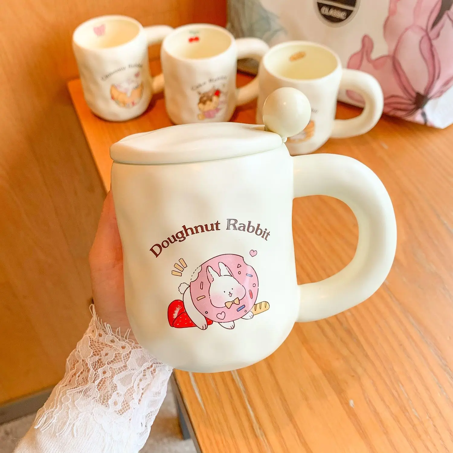 

Ceramic Mug with Lid Water Bottle Spoon High Beauty Ins Style Cup Office Coffee Cup Cute Rabbit Water Cup Female