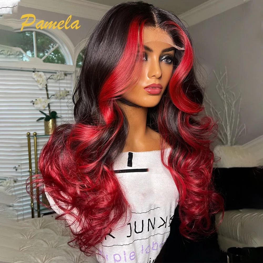 Body Wave Wear and Go Glueless Human Hair Wigs 250% Density Ombre 1B Red Colored 13x4 HD Transparent Lace Frontal Wigs For Women