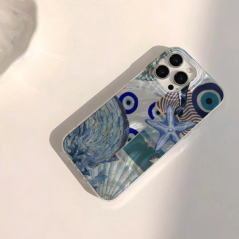 Seaside Scenery Wave Beach Pattern Phone Case with Feather Texture Cover