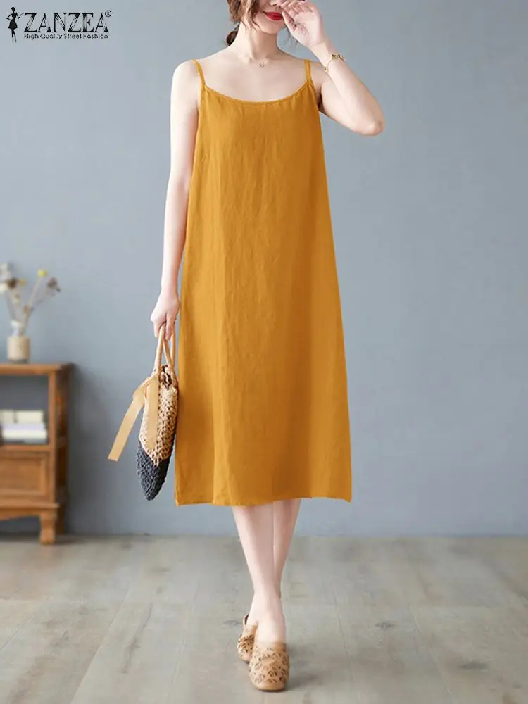 

ZANZEA Leisure Women A-line Sundress 2024 Summer Holiday Solid Color Casual Midi Dress Sleeveless Loose Spaghetti Strpas Vestido