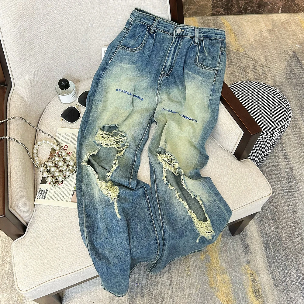 

Design Big Hole Embroidery Letter Tie Dyed Women's Gradient Blue Jeans Summer New Street Style Female High Waist Denim Trousers
