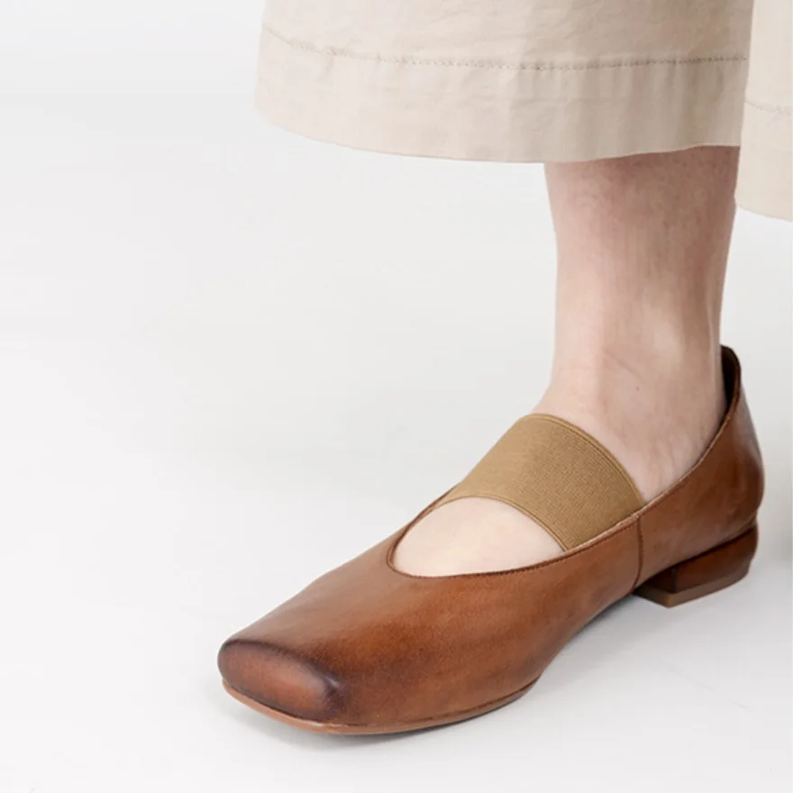 

Cowhide Square Toe Women Flats Casual Loafers Women Shoes Low Heel Spring Autumn Vintage Mules Slip On Woman Simple Shoes